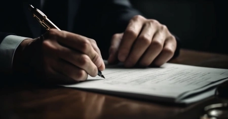 Mãos de um empresário assinando contrato na mesa com uma caneta preta